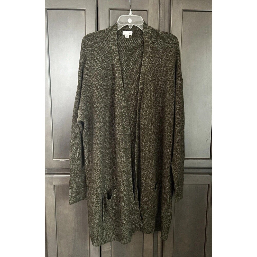 SO Olive Green Textured Basketweave Open Front Long Cardigan Sweater Women’s 2X